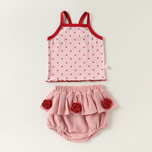 Summer Baby Kids Girls Sleeveless Cute Dots Pattern Vest and Bloomers Clothing Set
