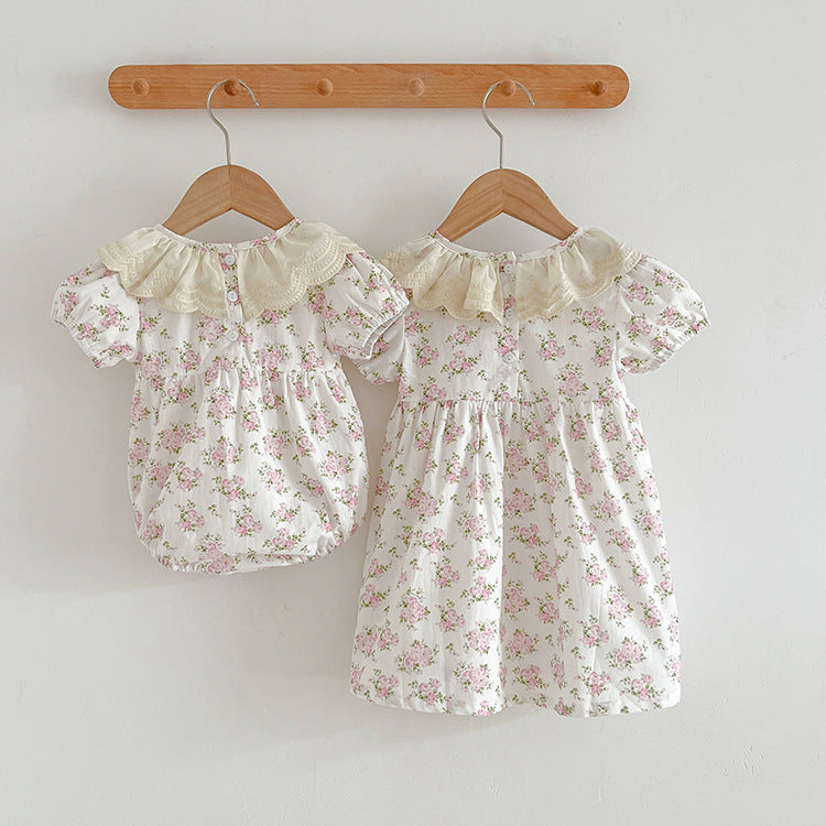 Summer Girls Floral Pattern Ruffle Collar Onesies And Girls’ Dress – Princess Sister Matching Set