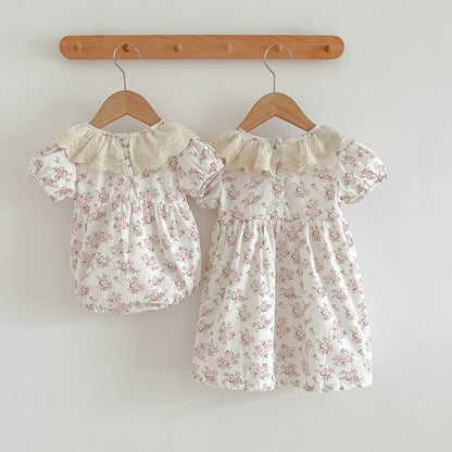 Summer Girls Floral Pattern Ruffle Collar Onesies And Girls’ Dress – Princess Sister Matching Set