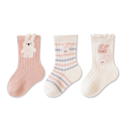 Autumn and Spring Baby Unisex Breathable Simple Cartoon Pattern Cute Socks 3-Pair Set, MyKids-USA®, Baby & Toddler Socks & Tights, MyKids-USA - Size/Age - XS (0-6M) - Color - Pink -  -  - TR2602021202-E.