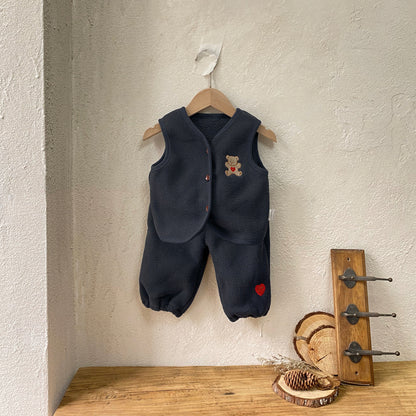 MyKids-USA® Autumn Baby Kids Teddy Bear Embroidered Sleeveless Vest and Hearts Pants Clothing Set