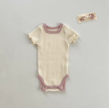 Summer Arrival Baby Short Sleeves Color Patchwork Striped Bodysuit with Hairband