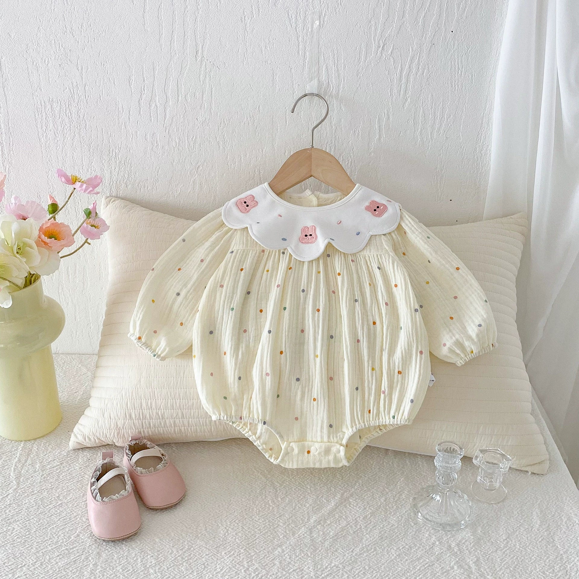 Autumn Hot Selling Baby Girls Dots Pattern Long Sleeves Onesies Bodysuits with Animals Embroidered Collar, MyKids-USA®, Baby One-Pieces, MyKids-USA -  -  -  -  -  -  - 