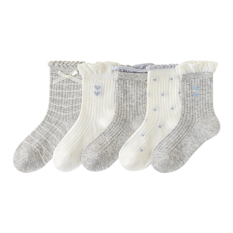 Summer and Spring Baby Kids Girls Cute Grey and Beige Socks 1 Lot=5-Pair Set, MyKids-USA®, Baby & Toddler Socks & Tights, MyKids-USA - Size/Age - M (3-5Y) - Color - Grey -  -  - TR2604242100-A.
