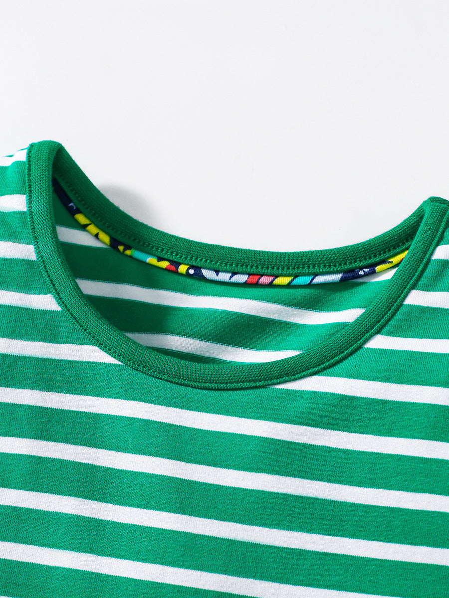 Summer Animals Pattern Short-sleeved Green Dress with Striped Pattern for Stylish Girls, MyKids-USA®, Baby & Toddler Dresses, MyKids-USA -  -  -  -  -  -  - 