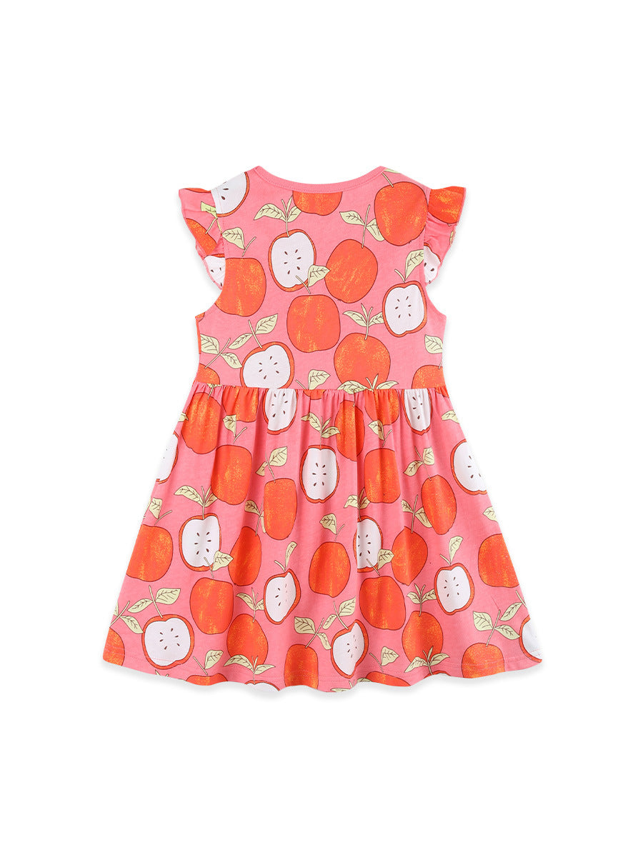 Summer Hot Selling Cute Cartoon Apples Pattern Fly Sleeves Dress for Stylish Girls