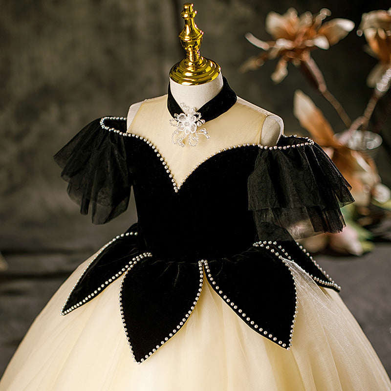 Princess Black Hostess Dress For Girls: Luxurious One-Shoulder Piano Performance Attire 150 (10-12Y) / Black Princess Black Hostess Dress For Girls: Luxurious One-Shoulder Piano Performance Attire 150 (10-12Y) / Black
