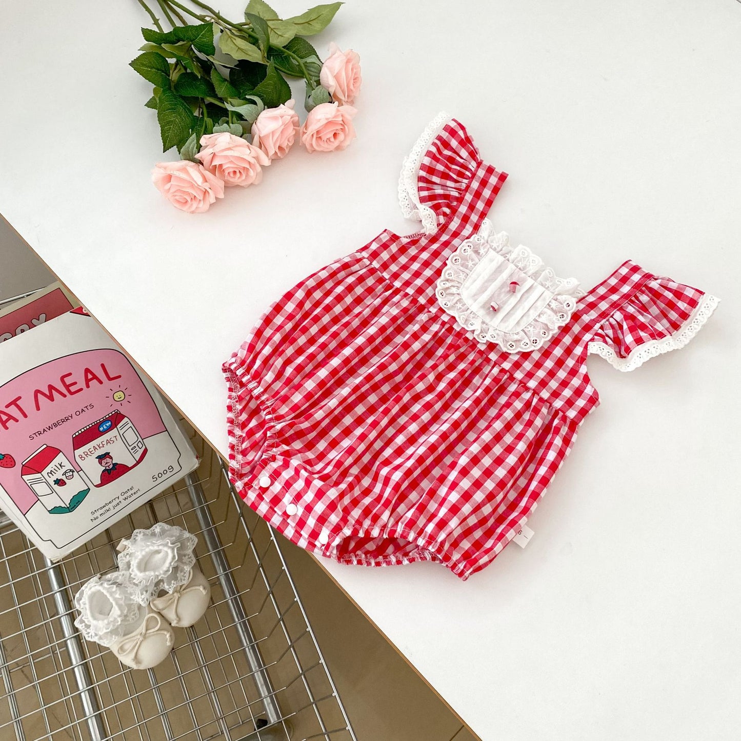 Summer Arrival Baby Girls Fly Sleeves Thin Plaid Pattern Strap Onesies, MyKids-USA®, Baby One-Pieces, MyKids-USA -  -  -  -  -  -  - 