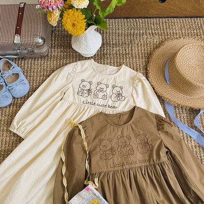 Baby Kids Girls Teddy Bear and Letters Pattern Long Sleeves Crew Neck Dress, MyKids-USA®, Baby & Toddler Dresses, MyKids-USA -  -  -  -  -  -  - 