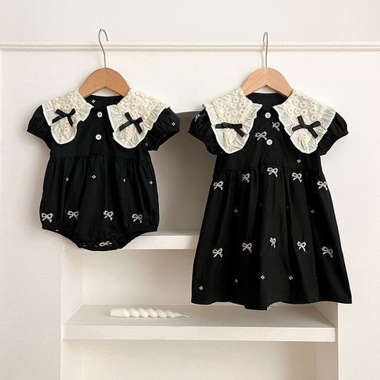 New Design Summer Baby Kids Girls Floral Pattern Collar Short Sleeves Bows Embroidery Onesies And Girls’ Dress – Princess Sister Matching Set