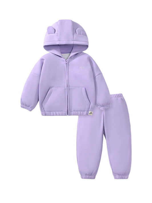 Girls Cozy Solid Color Rabbit Design Zip-Up Hoodie And Pants 2-Piece Set