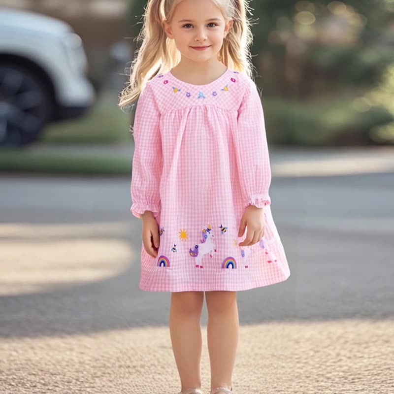 Autumn and Spring Arrival Cartoon Pattern Long Sleeves Plaid Dress for Stylish Girls, MyKids-USA®, Baby & Toddler Dresses, MyKids-USA - Size/Age - 90 (12-24M) - Color - Pink -  -  - TR2507202313-A