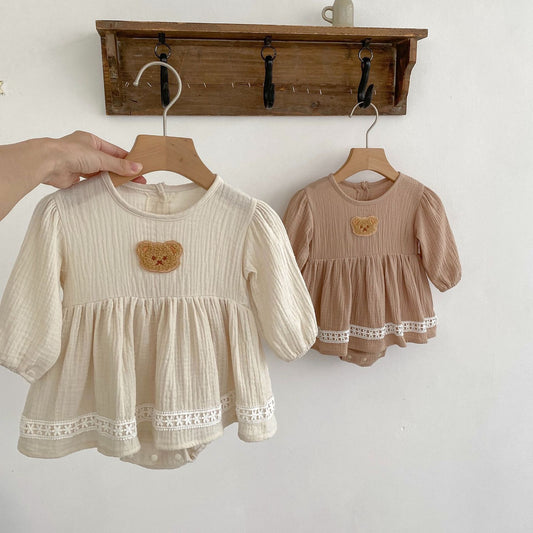 Autumn Bear Pattern Long Sleeve Dress For Baby