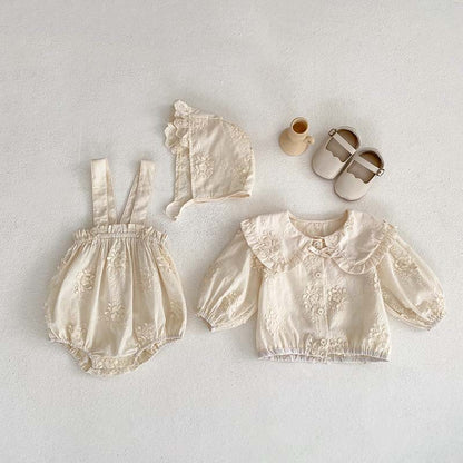 New Arrival Summer Baby Kids Girls Solid Color Floral Embroidery Dress, Shirt And Overalls Onesies – Sister Matching Set