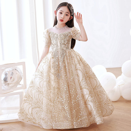 Champagne Tulle Hostess Evening Gown For Girls: Perfect Attire For Piano Performances, MyKids-USA®, Baby & Toddler Dresses, MyKids-USA - Size/Age - 100 (2-3Y) - Color - Gold -  -  - TR2312271943-A