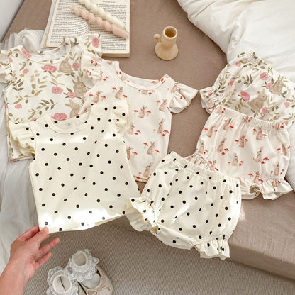 Summer Baby Kids Girls Various Pattern Fly Sleeves Top T-Shirt And Bloomers Clothing Set