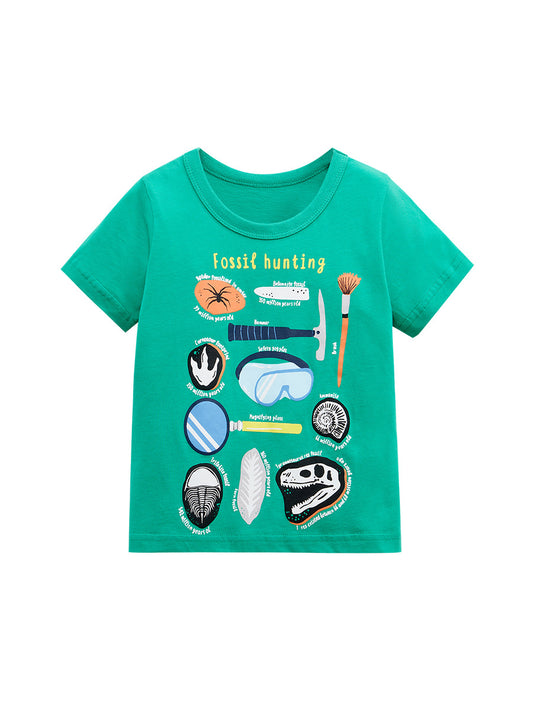 Round Neck Fossil Hunting Cartoon Boys’ T-Shirt In European And American Style For Summer