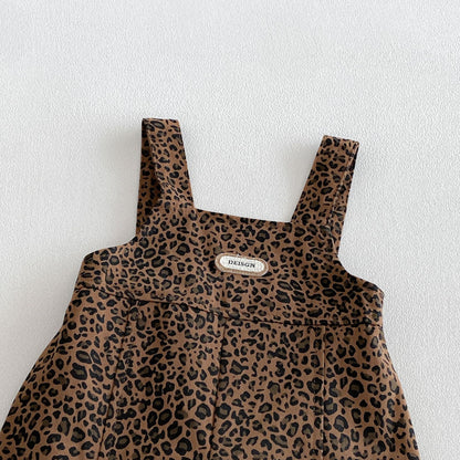 MyKids-USA® Hot Selling Autumn Baby Kids Long Sleeves Solid Color Top and Sleeveless Leopard Overalls Set