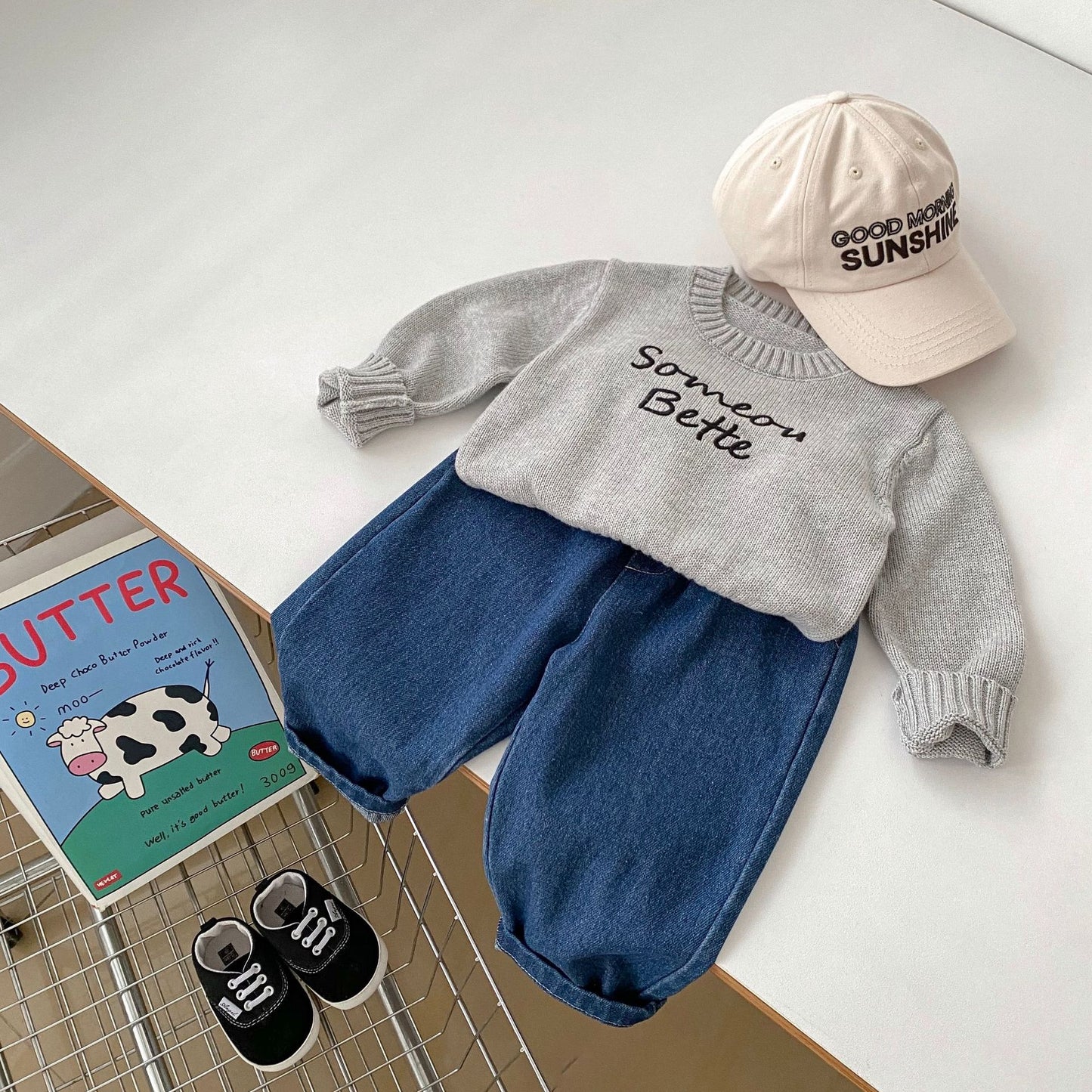 Autumn Baby Kids Boys Letters Embroidery Pattern Knitted Crew Neck Pullover and Denim Pants Clothing Set, MyKids-USA®, Baby & Toddler Outfits, MyKids-USA - Size/Age - 73 (6-9M) - Color - Grey -  -  - TR2408222103-A
