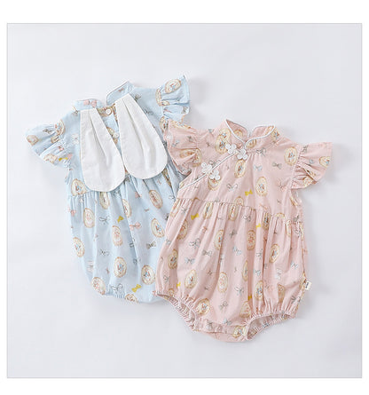 Summer Hot Selling Baby Girls Rabbits Print Fly Sleeves Stand Collar Onesies