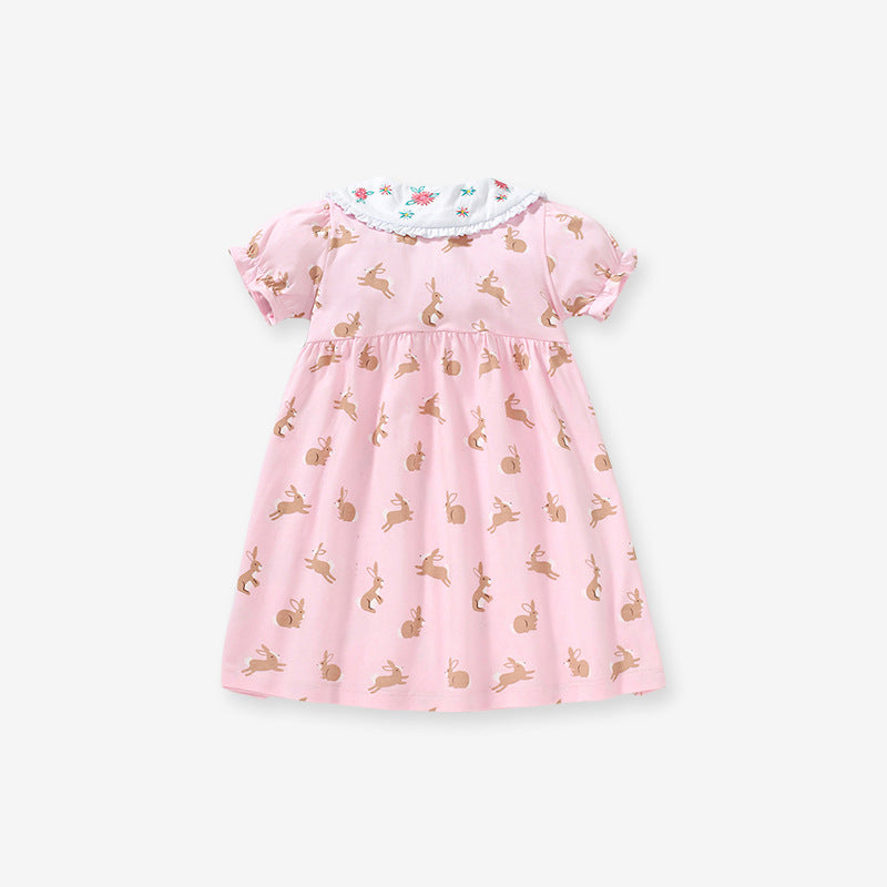 Baby Girls Peter Pan Floral Collar Short Sleeves Rabbits Pattern Dress