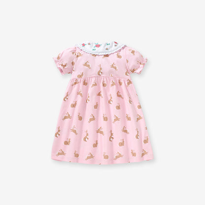 Baby Girls Peter Pan Floral Collar Short Sleeves Rabbits Pattern Dress
