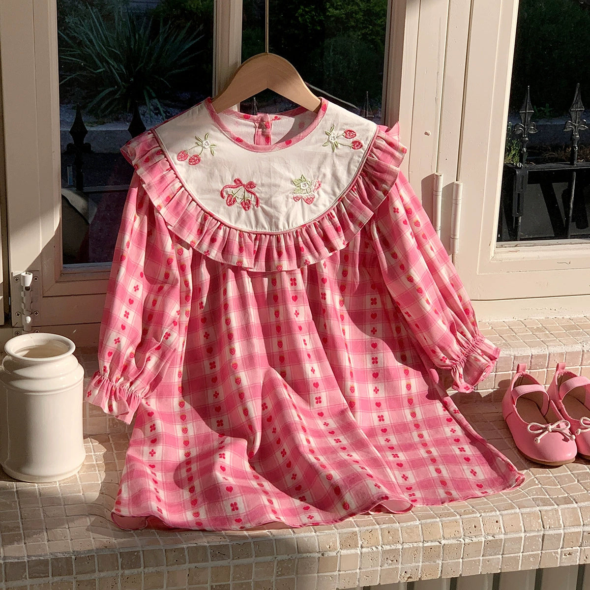 long sleeve strawberry dress Arrival Autumn Girls Strawberry and Plaid Pattern Long Sleeves Dress MyKids-USA