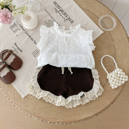 Summer Hot Selling Baby Kids Girls Sleeveless Solid Color Flowers Pattern Top Vest and Lace Decorated Shorts Clothing Set, MyKids-USA®, Baby & Toddler Outfits, MyKids-USA - Size/Age - 73 (6-9M) - Color - Beige -  -  - TR2506232127-A