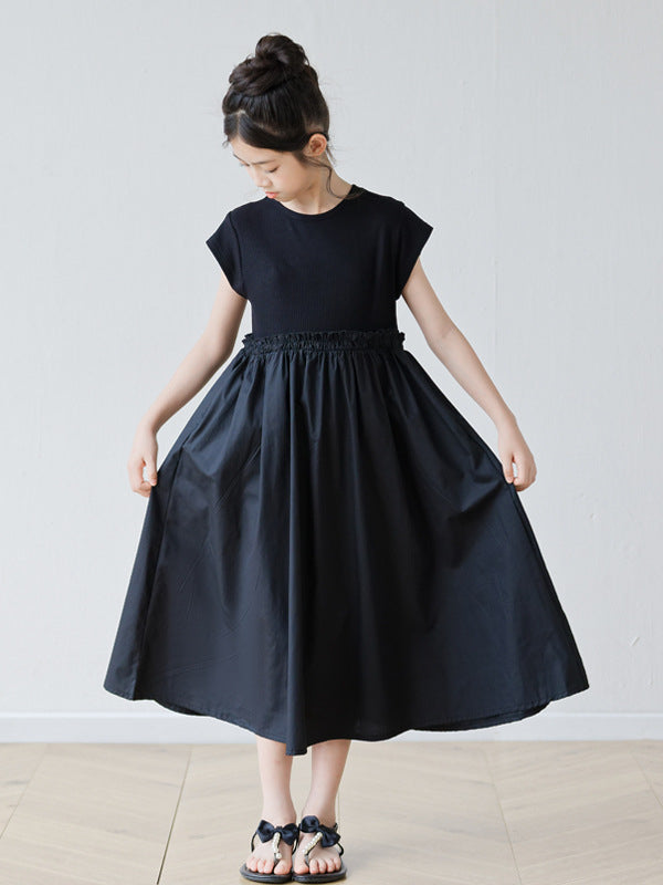 Summer Arrival Short Sleeves Patchwork Design Black Dress for Stylish Girls