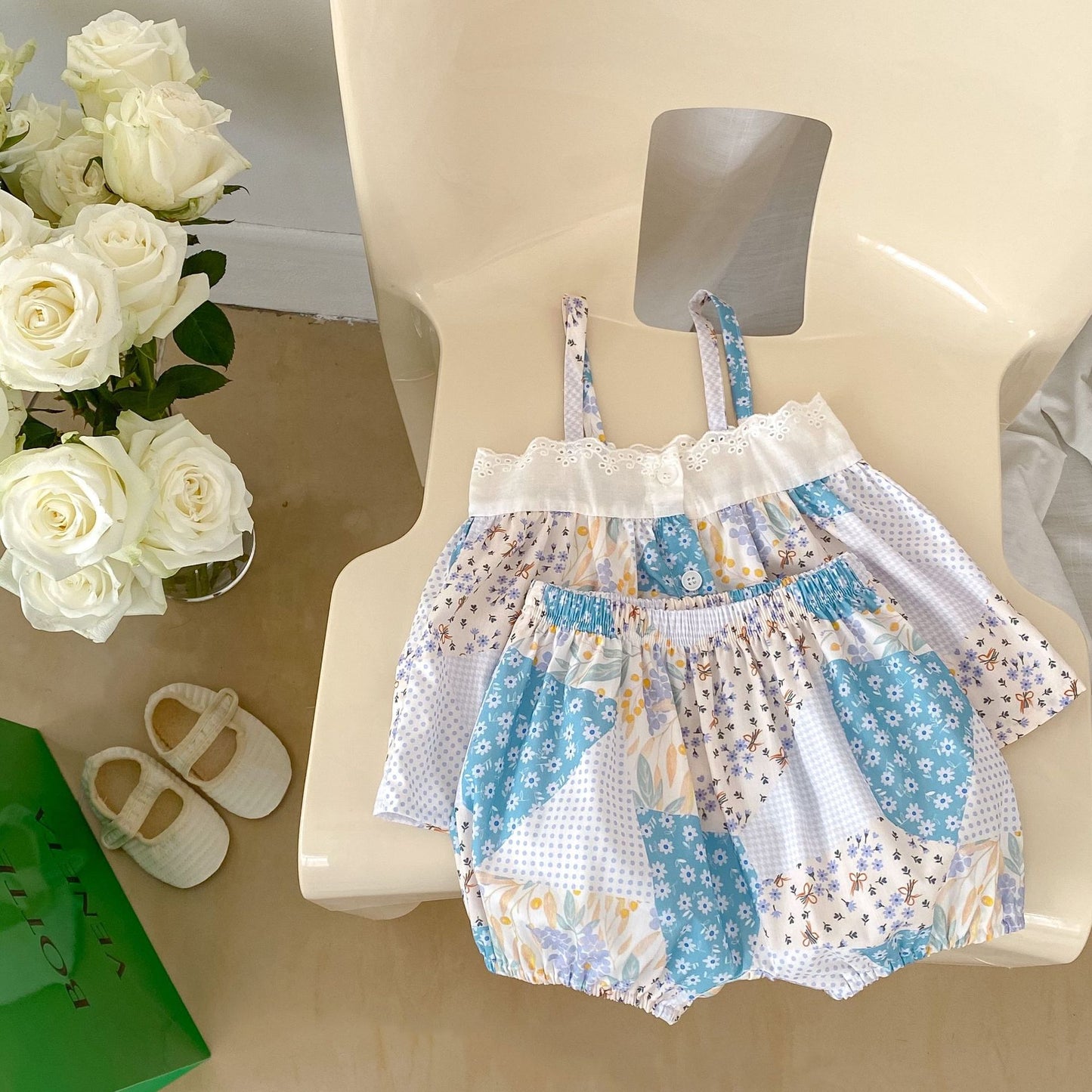 Baby Floral Pattern Patchwork Sling Tops With Shorts Sets