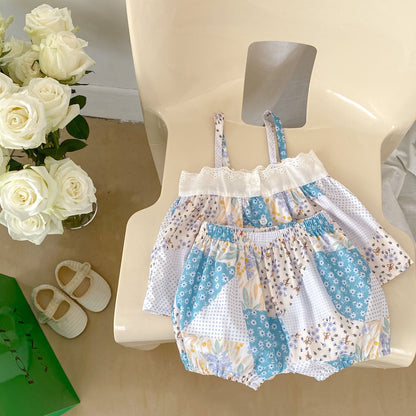 Baby Floral Pattern Patchwork Sling Tops With Shorts Sets