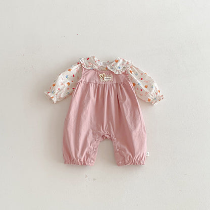 Spring and Autumn Baby Kids Girls Long Sleeves Cartoon Pattern Top and Pink Sleeveless Rompers Clothing Set