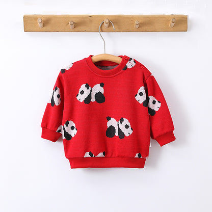 Cute Pandas Pattern Adorable Baby Crew Neck Knit Romper/ Pullover Sweater