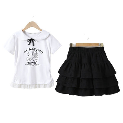 Arrival Summer Baby Kids Girls Short Sleeves Puppy Pattern T-Shirt and Black Skirt Sets, MyKids-USA®, Baby & Children's Outfits, MyKids-USA - Size/Age - 120 (5-7Y) - Color - White -  -  - TR2605312356-A.