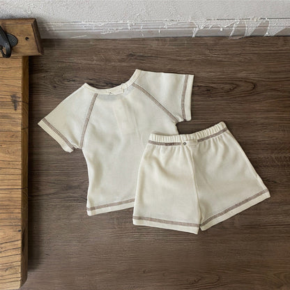 Arrival Summer Baby Kids Short Sleeves Waffle Grid T-shirt and Shorts Clothing Set