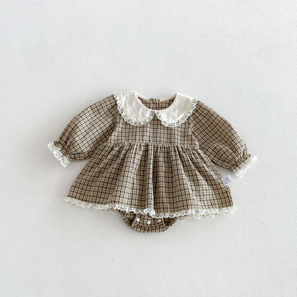 MyKids-USA® Autumn Arrival Baby Girls Long Sleeves Lace Trim Plaid Bodysuit Dress