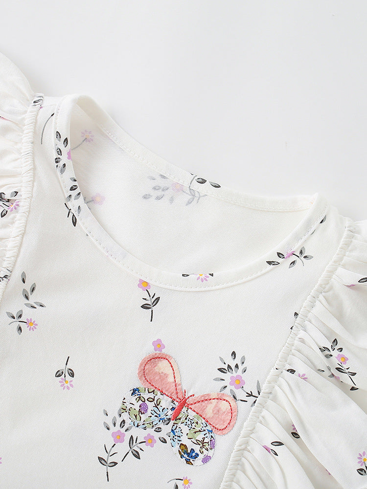 Arrival Summer Baby Kids Girls Fly Sleeves Cartoon Pattern Top and Floral Pants Clothing Set