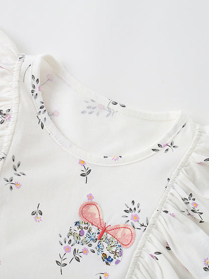 Arrival Summer Baby Kids Girls Fly Sleeves Cartoon Pattern Top and Floral Pants Clothing Set