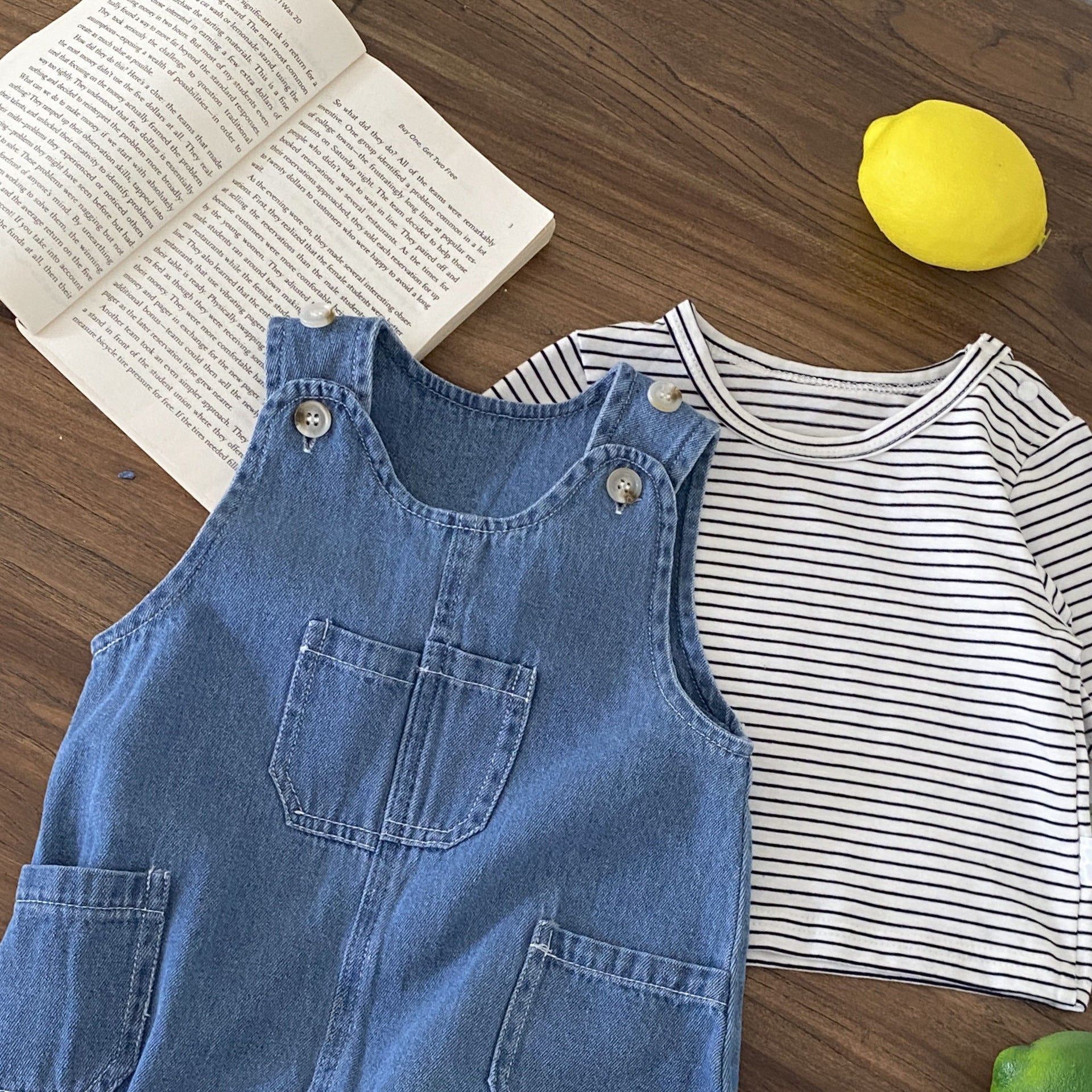 Spring and Autumn Baby Kids Unisex Striped Long Sleeves Top and Denim Sleeveless Overalls Clothing Set, MyKids-USA®, Baby & Toddler Outfits, MyKids-USA -  -  -  -  -  -  - 