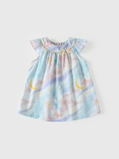 Summer Arrival Moon and Stars Pattern Fly Sleeves Dress for Stylish Girls
