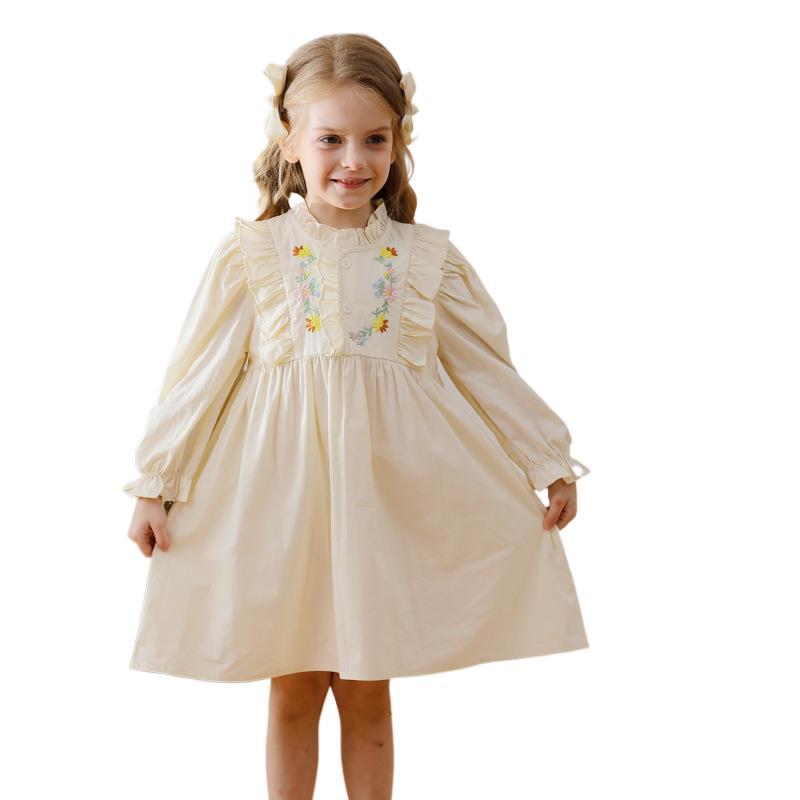 Arrival Autumn Girls Simple Ruffle Neck Long Sleeves Vine and Flowers Pattern Dress, MyKids-USA®, Baby & Toddler Dresses, MyKids-USA - Size/Age - 90 (12-24M) - Color - Beige -  -  - TR2408241004-A