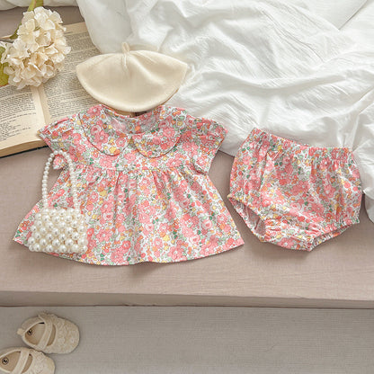Summer Baby Kids Girls Floral Print Short Sleeves Top And Bloomers