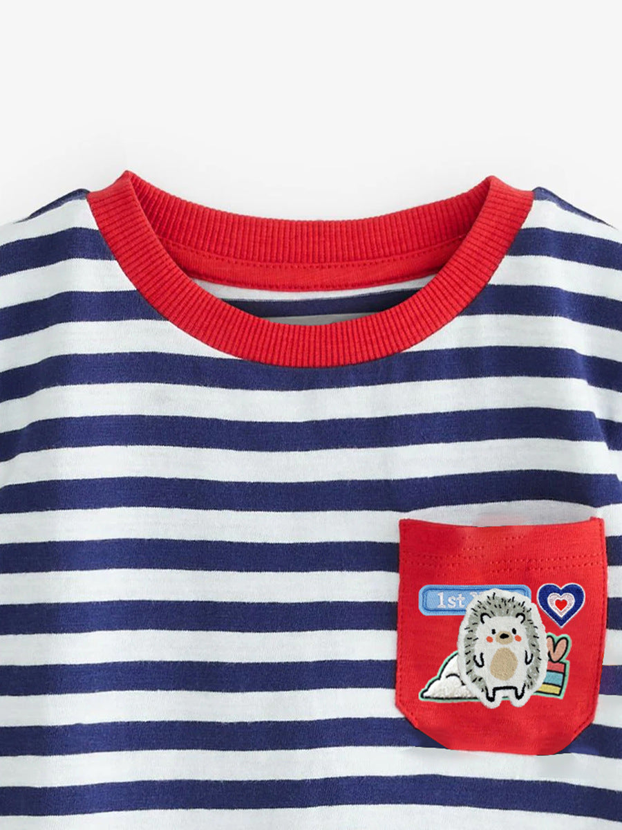 Hedgehog Cartoon Pattern Kids Girls Striped T-Shirt In European And American Style For Summer