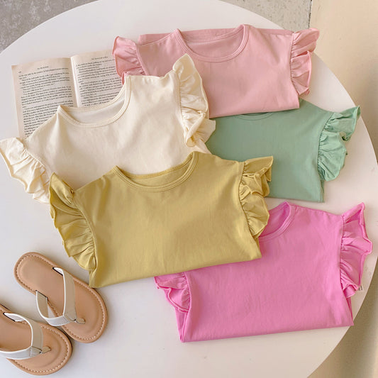 Summer New Arrival Girls Crew Neck Solid Color Fly Sleeves Top T-Shirt