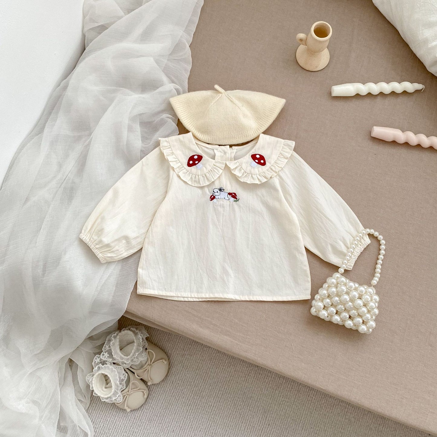 Autumn Arrival Baby Kids Girls Comfortable Simple Rabbits and Vegetable Pattern Long Sleeves Top Shirt with Collar, MyKids-USA®, Baby & Toddler Outerwear, MyKids-USA - Size/Age - 66 (3-6M) - Color - Beige -  -  - TR2408092142-A