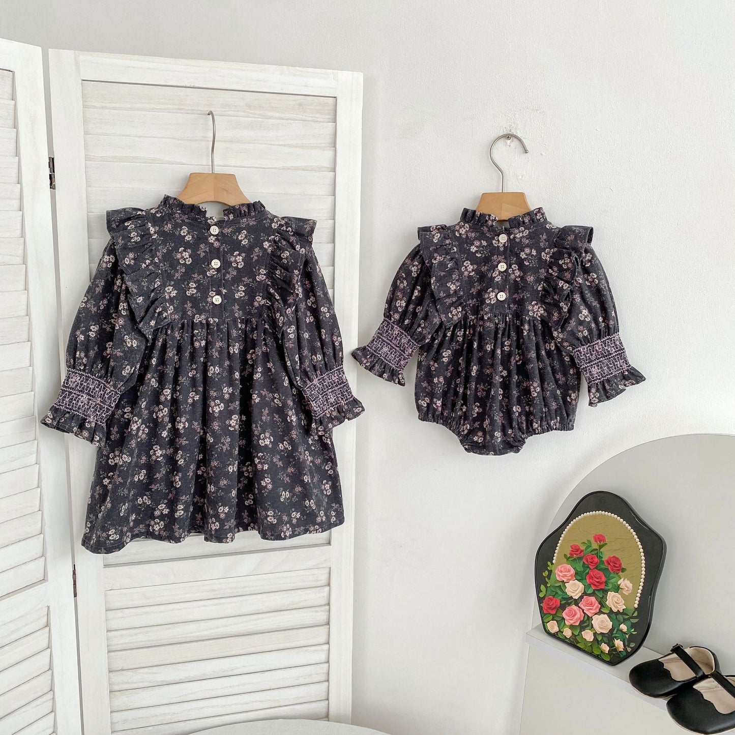 MyKids-USA® Autumn Baby Girls Vintage Floral Long-sleeved Bodysuit and Dress – Princess Sister Matching Set