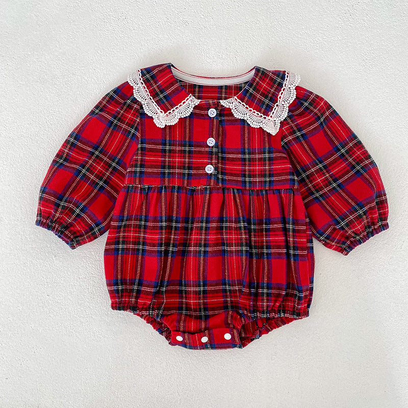 Autumn Baby Girls Plaid Pattern Long-sleeved Turn-down Collar Onesies and Dress – Princess Sister Matching Set
