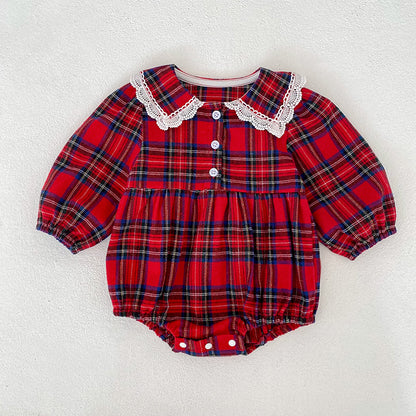 Autumn Baby Girls Plaid Pattern Long-sleeved Turn-down Collar Onesies and Dress – Princess Sister Matching Set