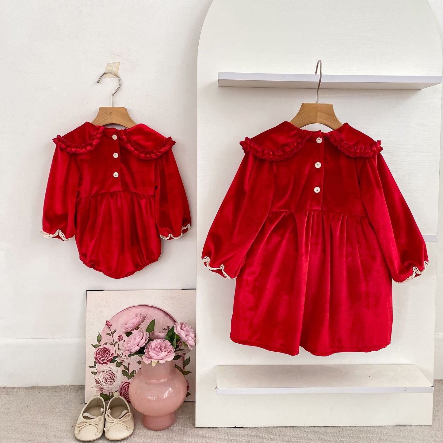 Autumn Baby Girls Plain Lace Trim Long-sleeved Peter Pan Collar Bodysuit and Dress – Princess Sister Matching Set