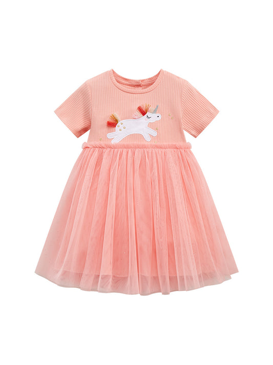 Spring And Summer Baby Girls Short Sleeves Unicorn Cartoon Chiffon Dress